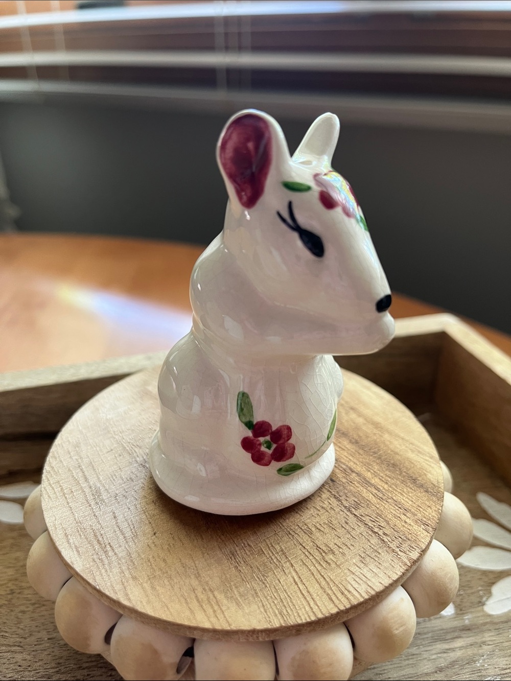 Hand-Painted vintage White Ceramic mouse salt Figurine with Floral Accents